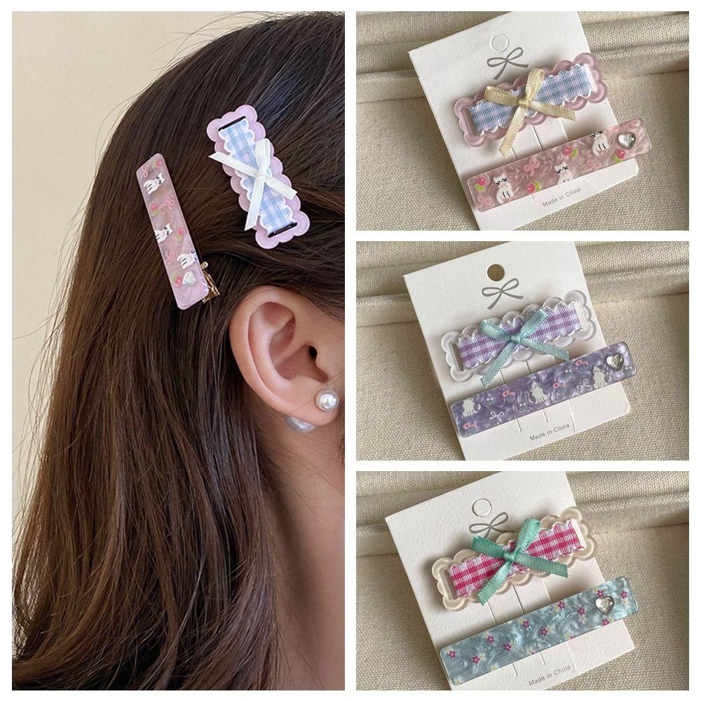 2 шт./компл. Корейский стиль Мультяшный кот Заколки-автоматы Корейская заколка для волос Бант Клетчатая заколка для волос Лето