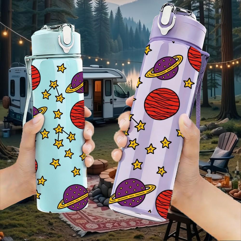 1PC Space Planet Star Pattern 750ml Color Plastic Sports Water Bottle Leakproof Flip Straw Lid Suitable for Sports Office Home Use