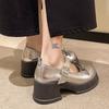 Женские туфли Элегантный каблук Серебряный круглый носок Туфли Мэри Джейн на толстой подошве Весна Осень Новые милые банты Небольшие жемчужины пояс Лоферы