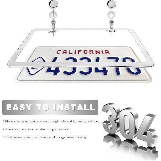 2PCS License Plate Frames, 2 Holes Rust-Proof Metal Car Tag Holder with Washers Screws Chrome Caps, Heavy Duty Stainless Steel Polished Frame for