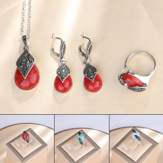 Винтажный лист с подвеской из искусственной бирюзы, ожерелье, кольцо, серьги на спине, комплект ювелирных изделий