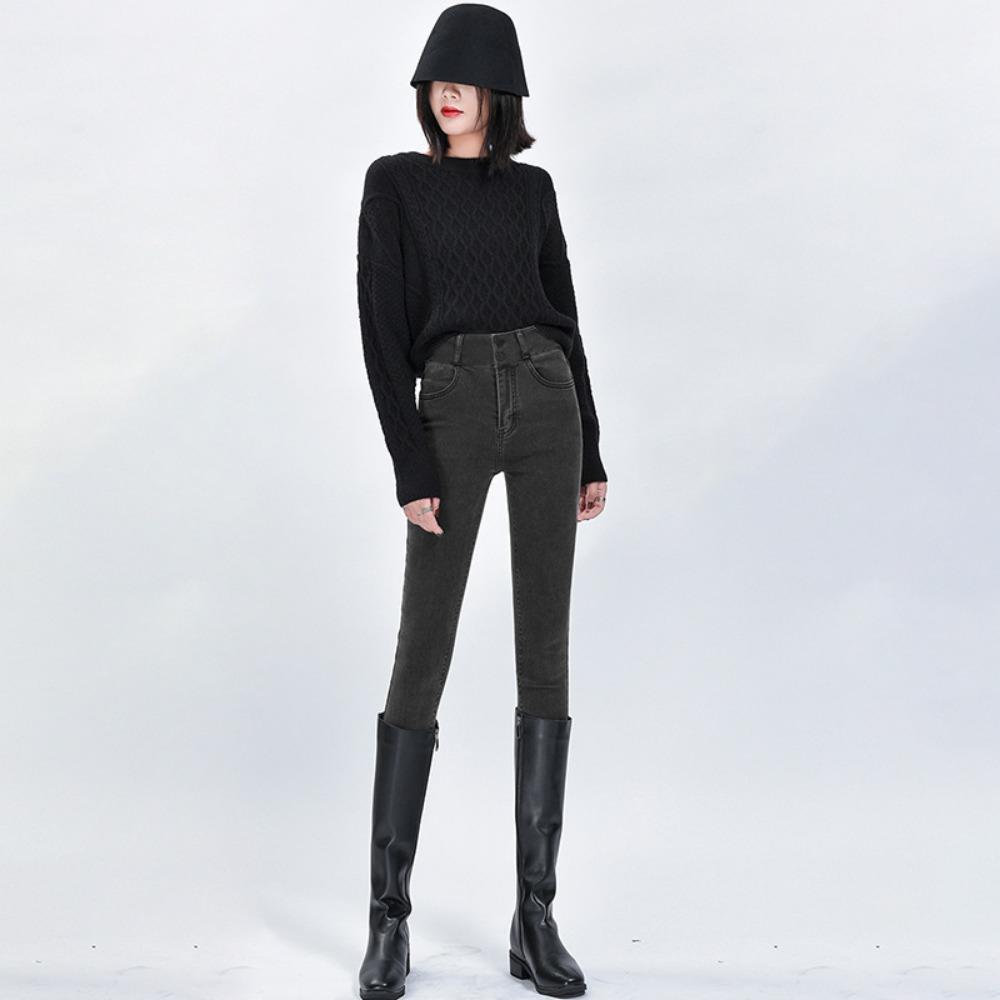 Autumn and Winter New Simple High-waisted Jeans Female Slim-fitting High and Thin Elastic Tight Small-footed Jeans Tide