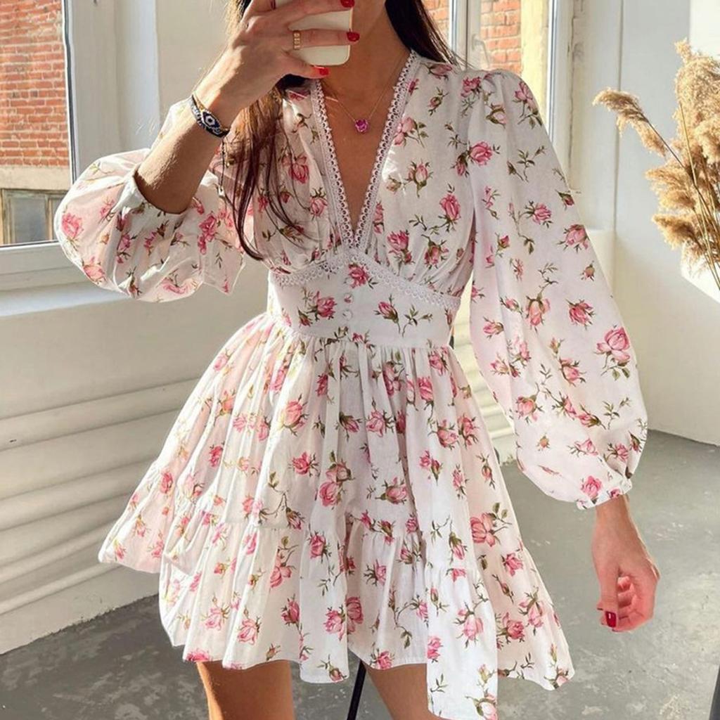 Fashion Women's Casual V-Neck Printed Long Sleeve High Waist Printed Dress