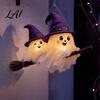 Witch Hat Wall Ornament Lighted Ghost Broom Hanger Cute Glowing Halloween Hanging with Warm LED Lights Cozy Fall Holiday Gift Luminous Witches