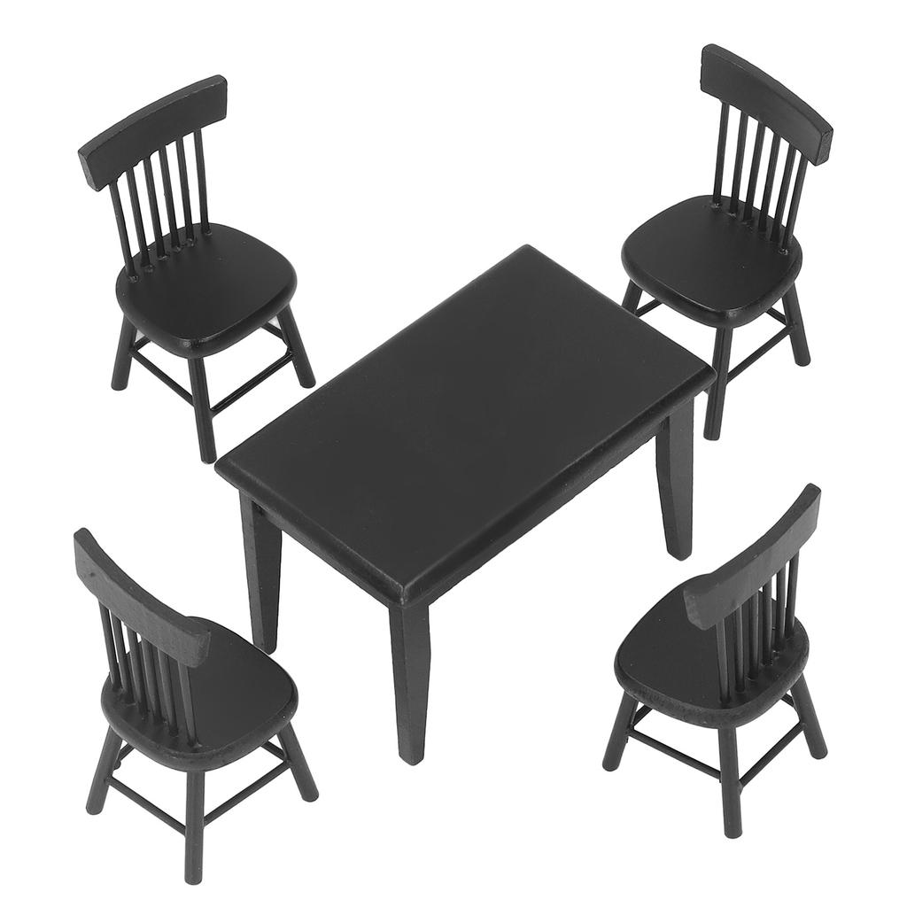 1:12 Dollhouse Table Chair Set Black Wooden Miniature Furniture Accessories for Dining Room Scene