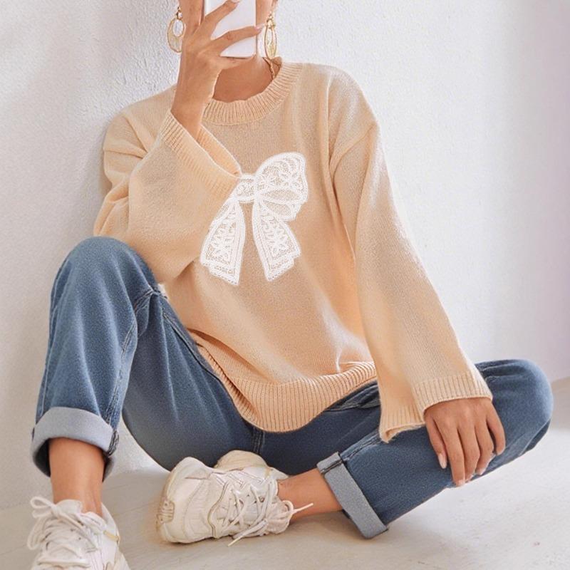 Three-dimensional Lace Bow Spliced Autumn and Winter Loose Comfortable Casual Solid Color Long-sleeved Top Round Neck Pullover
