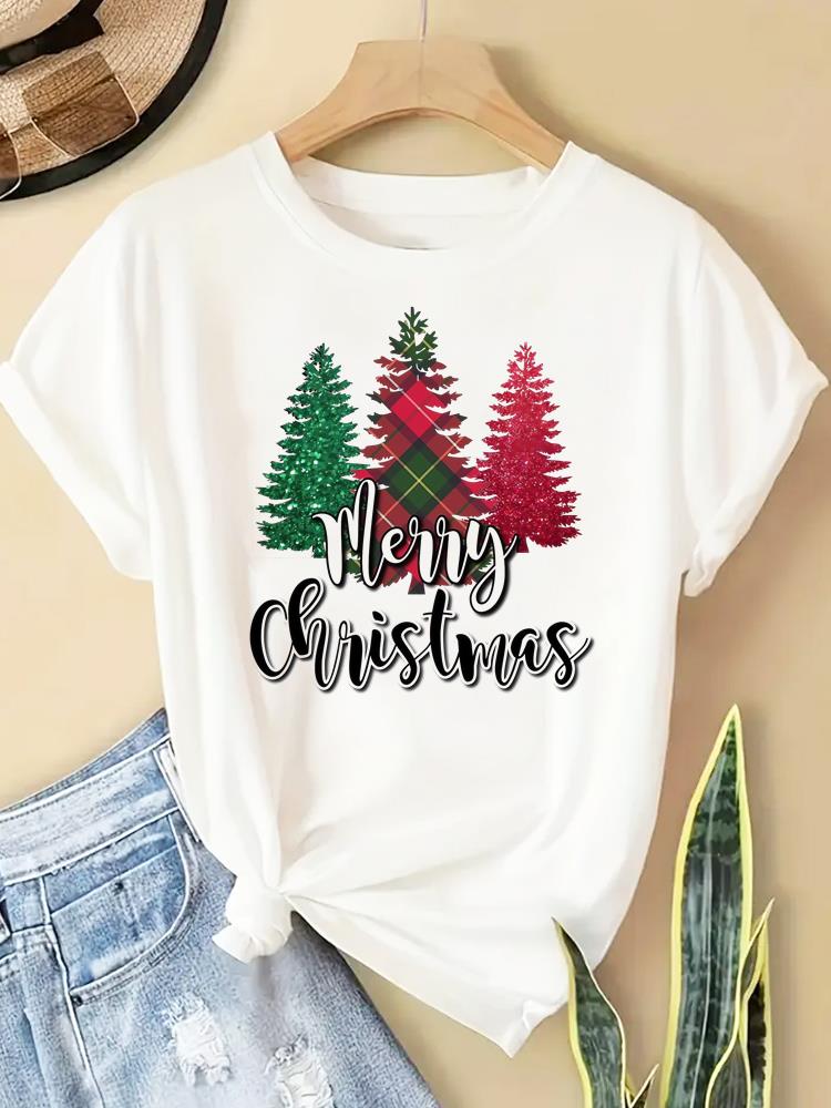 (Asian Size) New Year T Clothing Short Sleeve T-shirts  Print Merry Christmas Plaid Tree Style O-neck Women's Top Fashion Holiday Graphic Tee