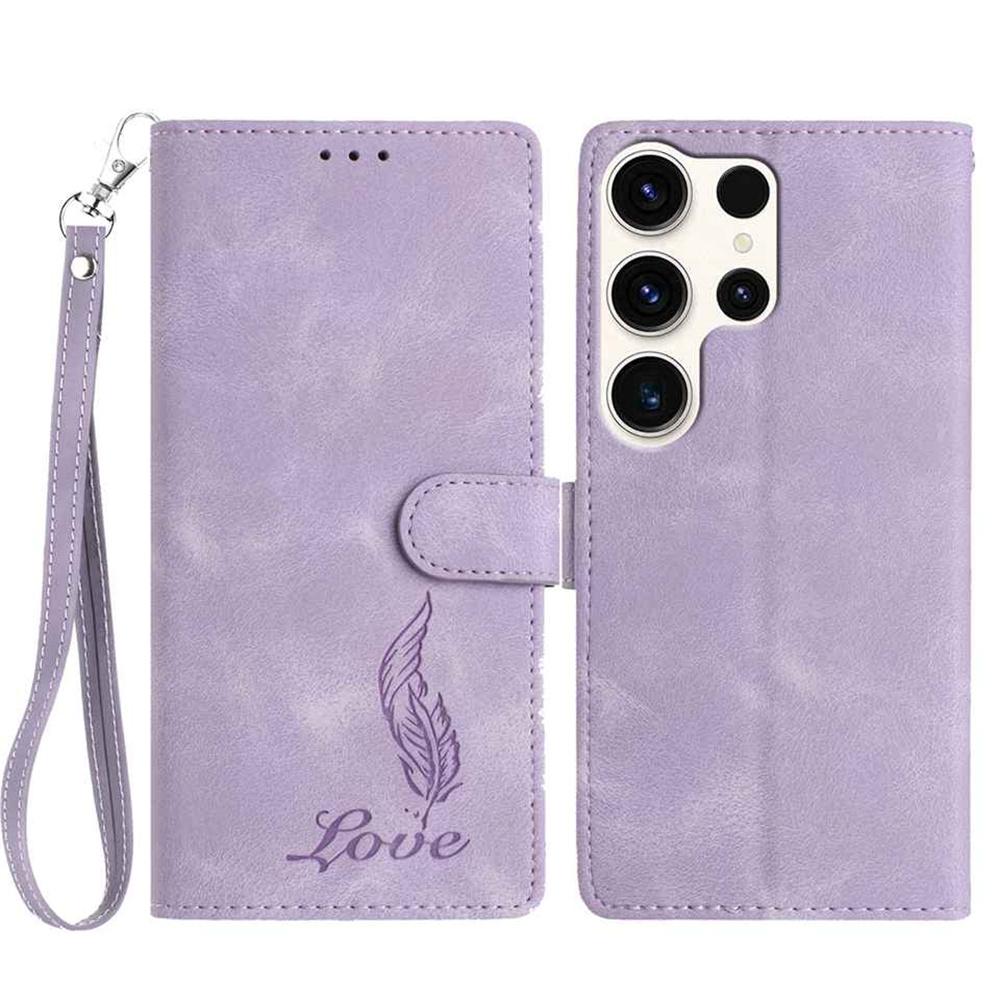 For Samsung Galaxy S25 Ultra Case Imprinted Feather PU Leather Wallet Phone Cover with Wrist Strap