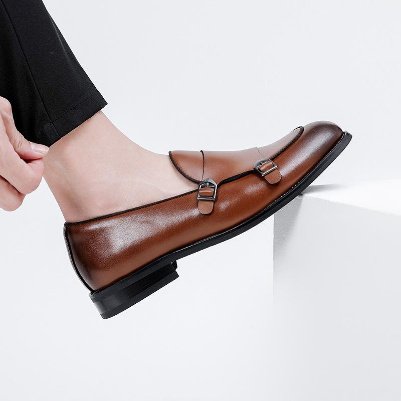 Loafers Men's Leather Shoes British Style One Pedal Business Lazy Casual Double Buckle Loafers Versatile Men's Shoes Wedding Shoes