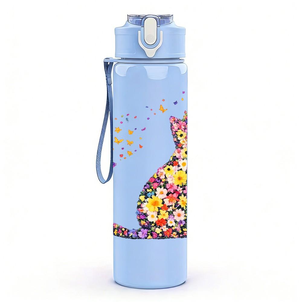 1PC Colorful Pattern Cat Silhouette Print 750ml Color Plastic Sports Water Bottle Leakproof Flip Straw Lid Suitable for Sports Office Home Use