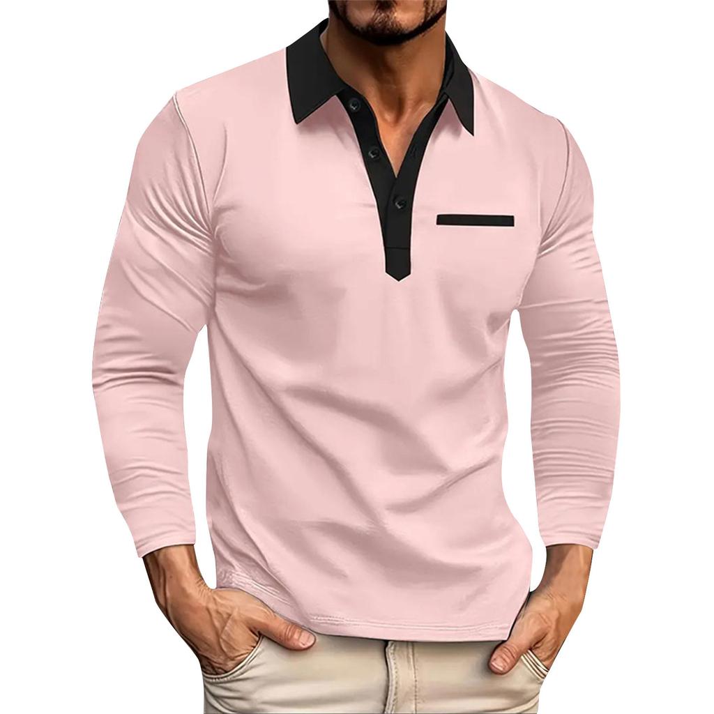 Men'S Collar Splicing Long Sleeved Fashionable Fake Pocket Top T-Shirt