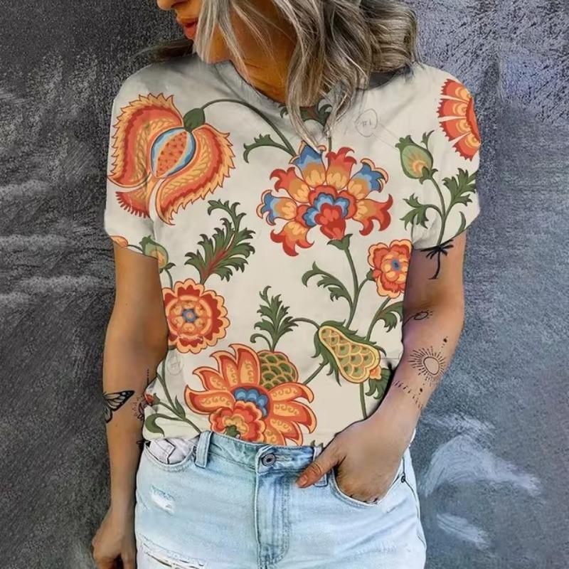 Elegant Women's T-shirt Fashion Retro Flower 3D Pattern Print T-shirt Women's Short Sleeved T-shirt Summer Leisure T-shirt
