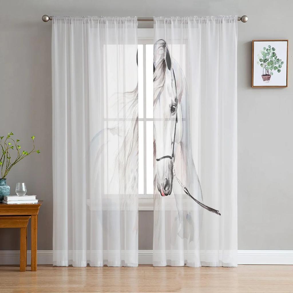 Running Horse Animal Sheer Curtains Living Room Window Tulle Curtains For Bedroom Kitchen Home Decoration Voile Drapes