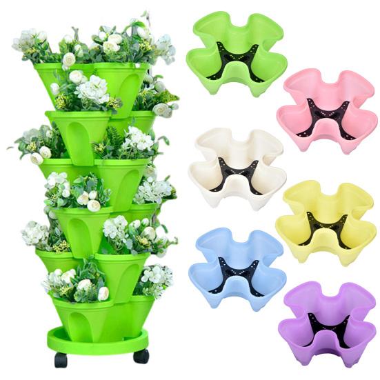 6-ярусная штабелируемая вертикальная клумба, башня для выращивания, садовая клумба для помещений и улицы, с передвижными колесиками и нижним поддоном для клубники