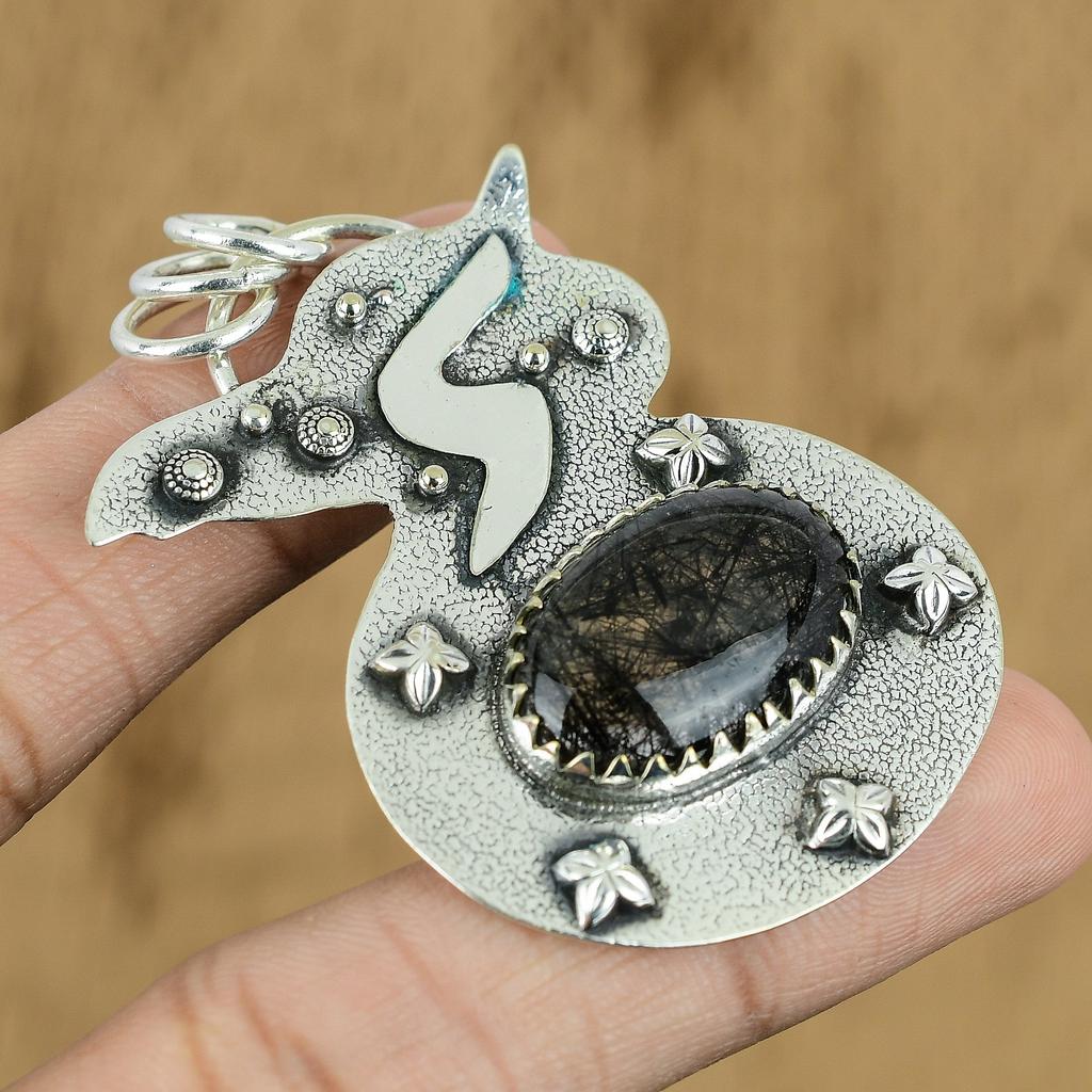 Wedding Gift For Her 925 Sterling Silver Natural Black Rutile Gemstone Pendant