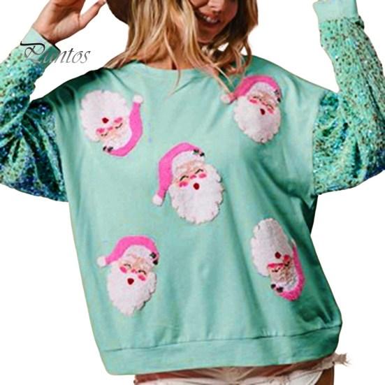 Women Christmas Sweatshirt Sequin Cartoon Pattern Round Neck Long Sleeve Loose Mid Length Pullover Party Holiday Top