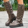 Модные ретро коричневые ковбойские сапоги в западном стиле для женщин 2025 осень-зима из искусственной кожи до колена боты женские на платформе с пряжкой на молнии рыцарские сапоги