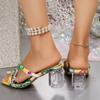 Fashion Beach Vocation High Clear Heels Sandals Women Summer 2025 Fashion Big Square Toe Floral Print Bohemia Slides Woman Plus Size 43