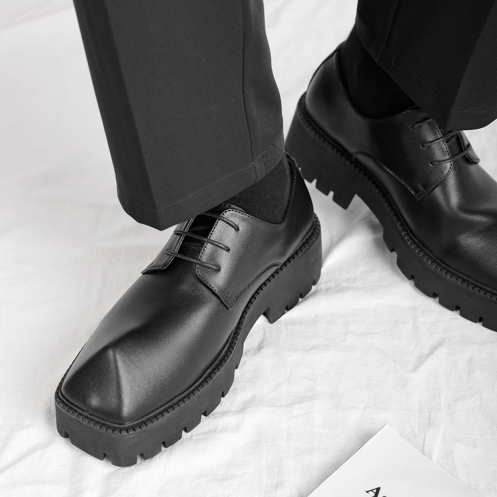 Fashion Men's Shoes New Square Head Leather Shoes Fashion Casual Formal Dress Loafers for Men Lace-up Black British Business Work Shoes