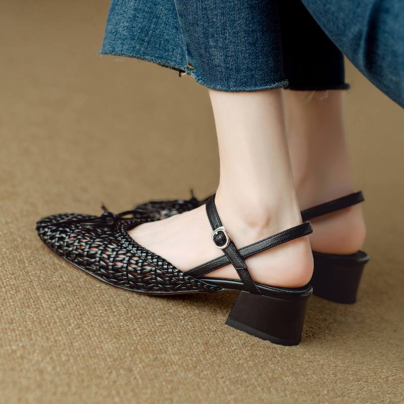 Krazing Pot Микрофибра Плетение Летний Размер 41 Средний Каблук Слингбэк Вечерние Туфли Женские Квадратный Носок Бант Гладиаторские С Вырезами Лодочки