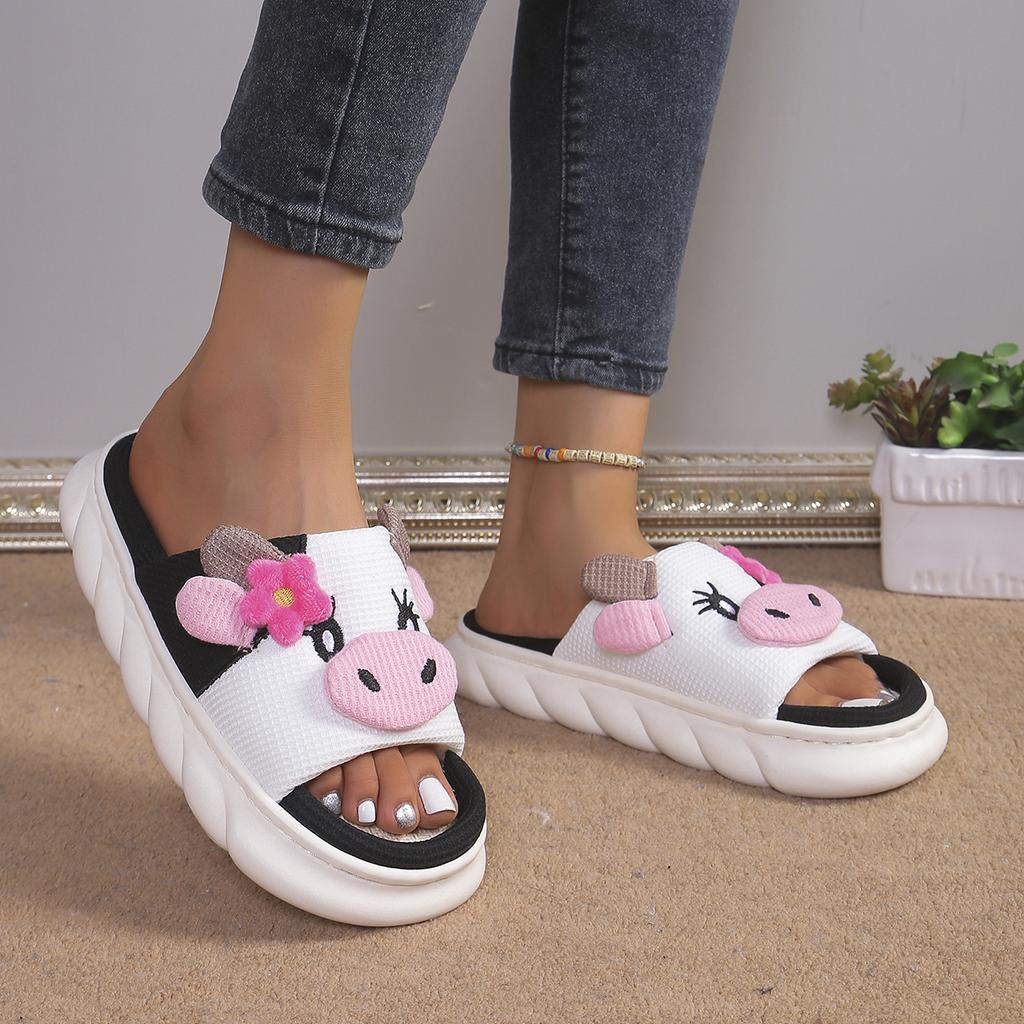 Уютные тапочки на платформе для женщин, милые домашние туфли с героями мультфильмов, легкие туфли для девочек, модные популярные элегантные домашние тапочки на плоской подошве с открытым носком