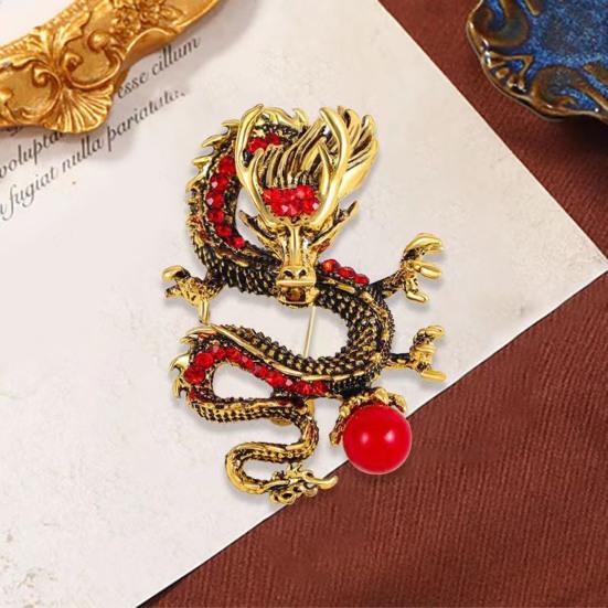 Chinese Style Brooch Men Enamel Dragon Shape Faux Pearl Pin Clothing Coat Badge Jewelry Party Accessories