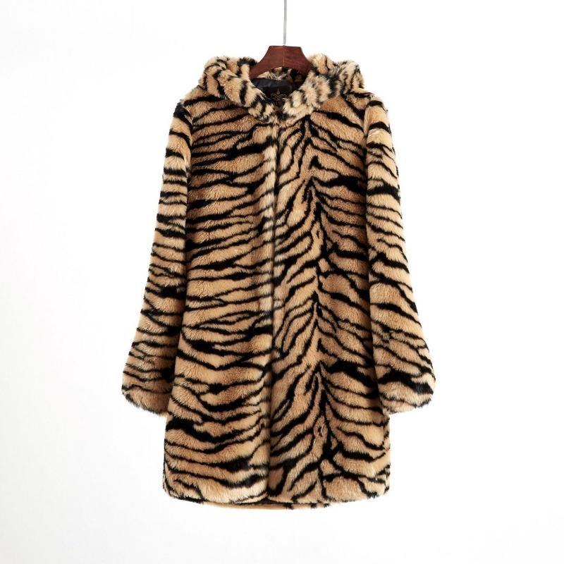Winter Super Thick Hooded Tiger Pattern Coat, Hairy Medium and Long Women's Imitation Fur Jacket, Light Luxury Flocking