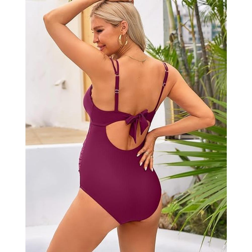 CHARMLEAKS Scallop Trim Maternity Swimsuit One Piece V Neck Pregnancy Bathing Suit Ruched Swimwear Cutout Tie Back