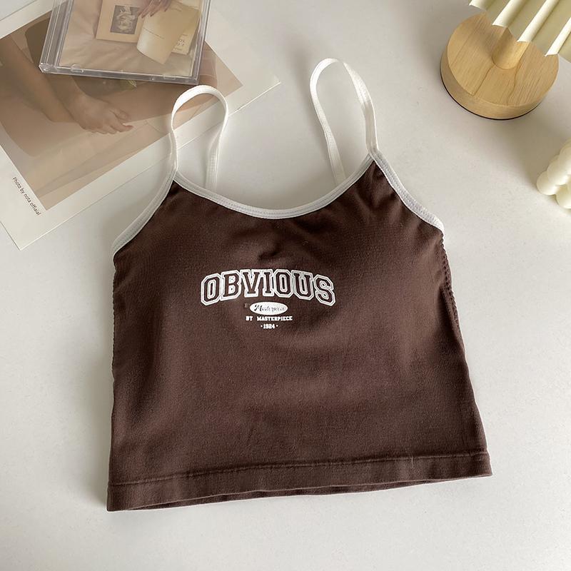 Women With Padded Bra Crop Tops O-neck Solid Crop Tops 2025 Summer Letter Printing Tops Spaghetti Camisole
