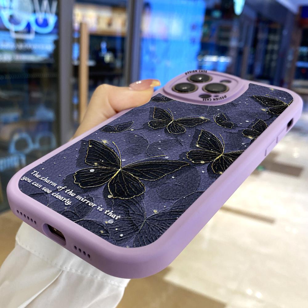 Slim Skin Feeling Cartoon Black Butterfly Soft Silicone PU Leather Cover Phone Case for iPhone Samsung Huawei Honor Xiaomi Redmi OPPO Realme Vivo