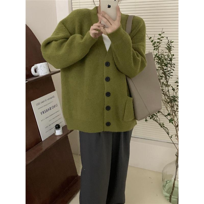 Винтажный ленивый кардиган V-образного выреза, вязаный, для женского осенне-зимнего сезона, новый, свободный, универсальный, на пуговицах, куртка-свитер для женщин