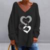 Women Casual T-shirt V-neck Long Sleeve Pullover Tops Rhinestones Heart Pattern Loose Fit Tee Shirt Streetwear