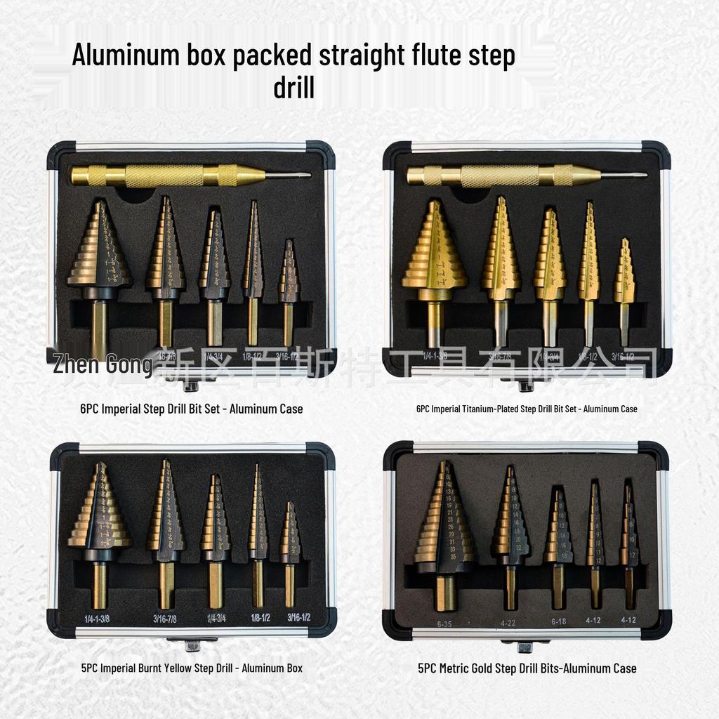 5-Piece Imperial Step Drill Set, TiN Coated, Triangle Shank, Straight Flute, with Aluminum Box