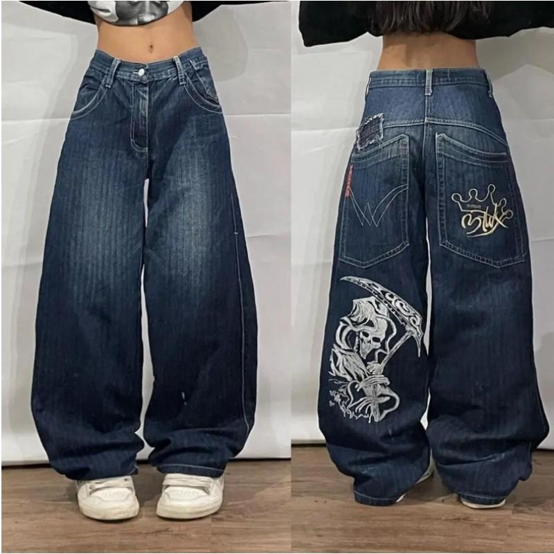 Mens Gothic Streetwear Denim Pants Loose Straight Cut Water Washed Cotton Jeans Youth