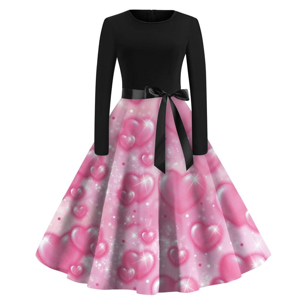 Женское винтажное классическое платье с длинным рукавом и принтом на День святого Валентина, свободное платье с круглым вырезом