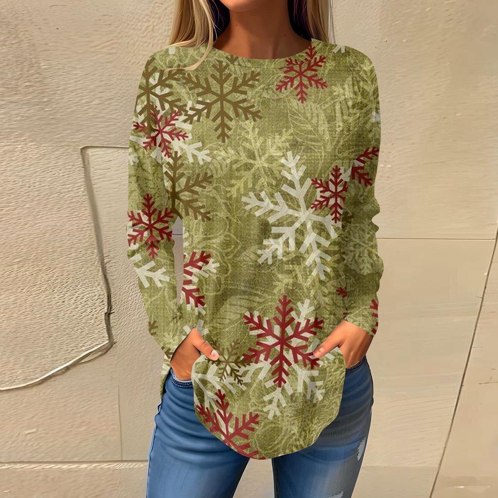 Футболки для женщин, осенние повседневные рубашки с длинным рукавом, толстовки с винтажным графическим принтом, топы, пуловеры, рождественские