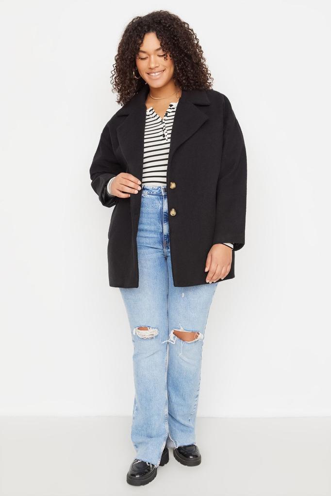 Women's Style Plus Size Wide Cut Stitched Woven Coat with Black Button Detail
