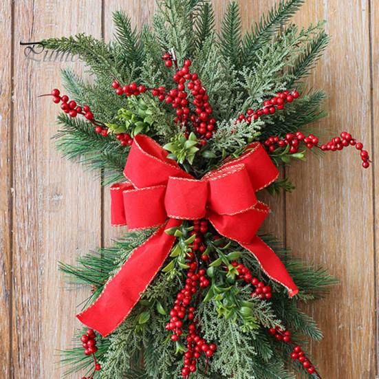 Светящийся рождественский венок для лестницы, венок с каплевидной отделкой, гирлянда для двери и лестницы с ягодным бантом, пластиковый рождественский праздничный домашний декор