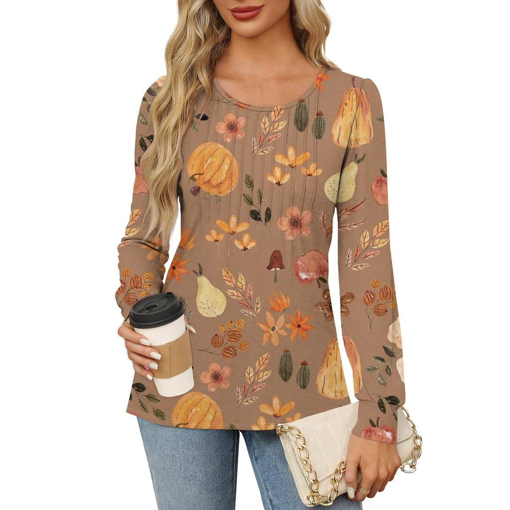 Long Sleeve Shirts For Women Cute Print Graphic Tees Blouses Dressy Casual Blouses Pleated Scooped Neck Tunic Tops Halloween