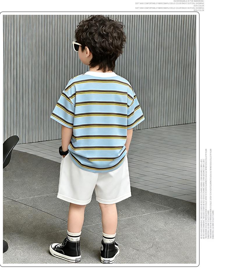 Boys' Summer Set, Western Style, Boys' and Girls' Striped Short sleeved T-shirt, 2026 New Style, Handsome and Casual Summer Dress for Children