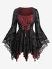Rosegal Plus Size Skull Flocking Mesh Ruched Flower Lace Ruffles Lace Up Flare Sleeve Aymmetrical Top