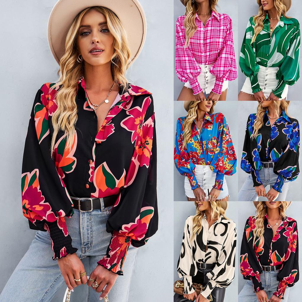 Spring Autumn Woman's Blouse Shirt POLO Collar In Contrasting Color Printed Long Sleeve Loose Casual Tops