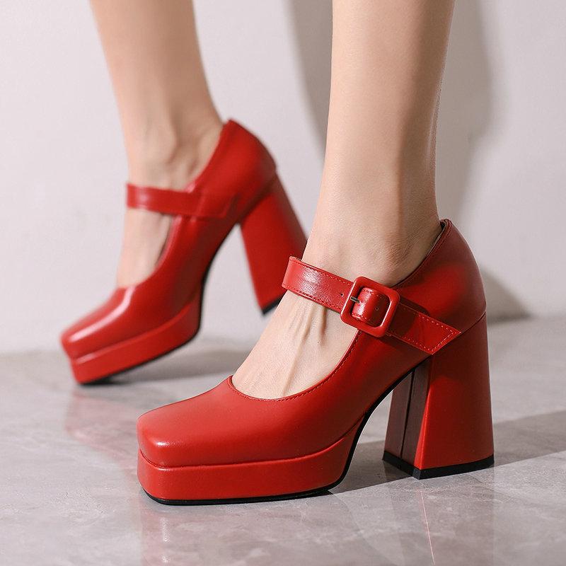 Women's Shoes Square Toe Retro Thick Heel Ultra High Heel Button Strap Women's Single Shoes Waterproof Platform Thick Sole