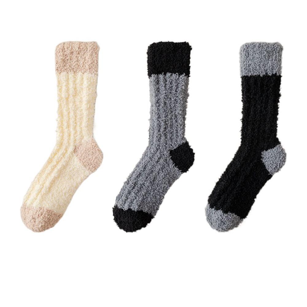 3Pairs Sleeping Coral Fleece Socks Winter Mid Tube Socks Women Solid Color Floor Plush Socks Autumn