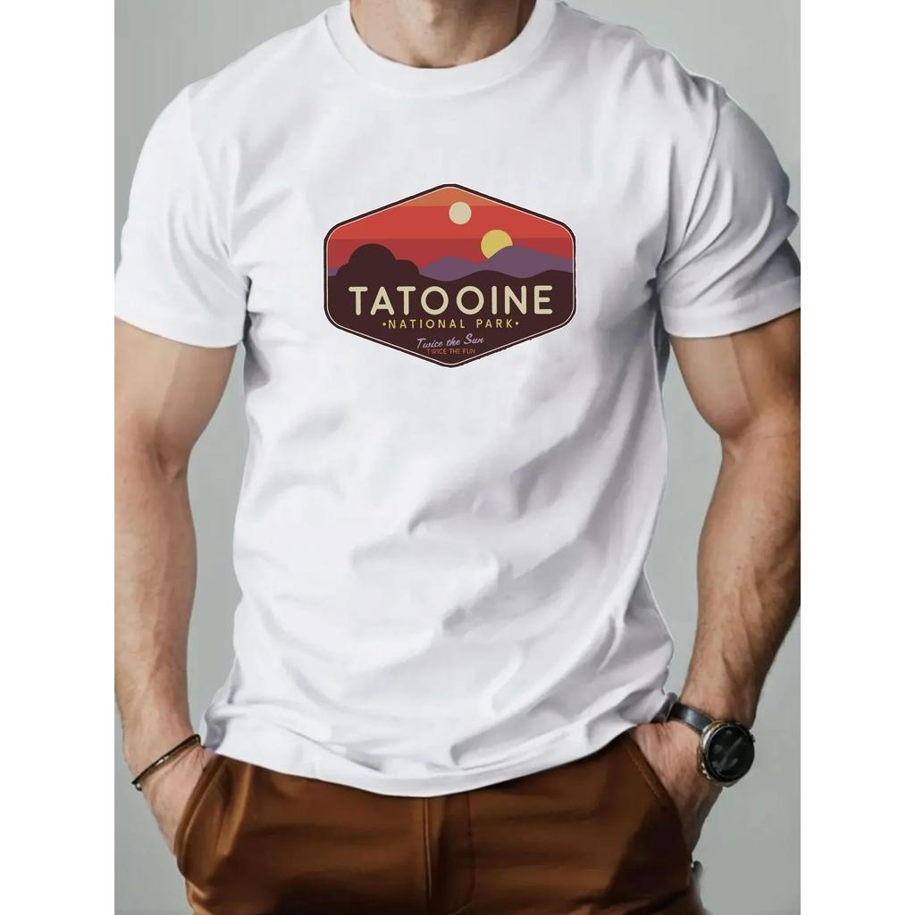 Mens Tatooine National Park Pattern Summer Tshirt Bright Casual Shortsleeved Top with Sunset Mountain View Design fashion
