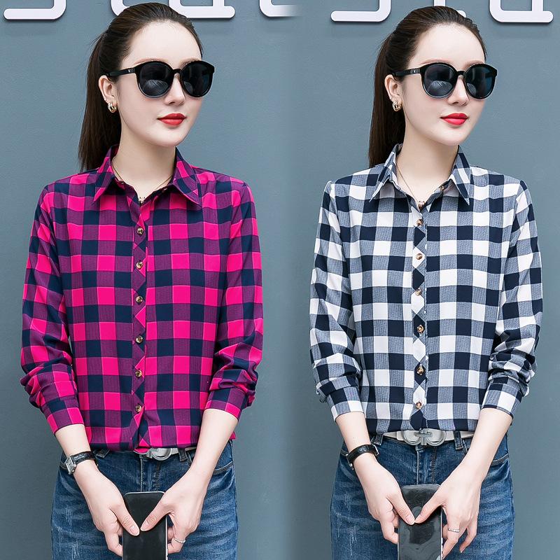 Клетчатая рубашка для женщин, сто женщин, топы, свободная ретро рубашка с длинным рукавом с гонконгским вкусом