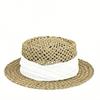 (One Size, White) Women's Classic Straw Boater Hat Flat Top Belted Woven Sun Hat for Beach Party Travel