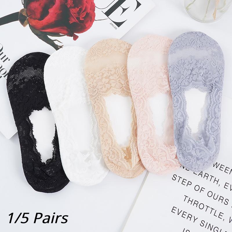 1/5 пар для женщин и девочек, летние кружевные носки с вишневым цветочным принтом из силикагеля, нескользящие нескользящие тапочки на хлопковой подошве с невидимой хлопковой подошвой, носки-лодочки