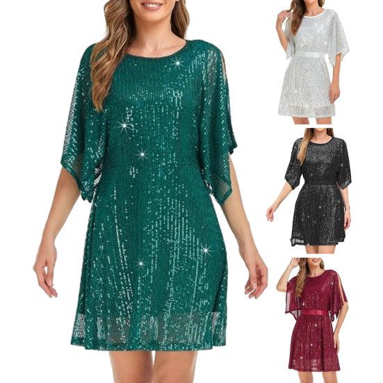 Women Prom Dress Half Split Bat Sleeve Round Neck Loose Shiny Sequin Double-layered Belted Tight High Waist Soft Club Party Lady Mini Dress