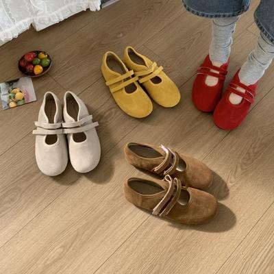 2025 осень новые замшевые туфли-лодочки на плоской подошве на липучке с открытой союзкой, женские универсальные туфли Мэри Джейн на ремешке